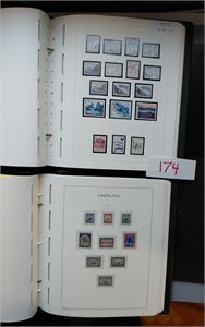 FÆRØYENE/GRØNLAND Egenmontert Færøyene og Grønland brukt og ubrukt på fortrykk med ark til 1997. 2 grønne LT permer. Grønland best med noen få pakke-porto