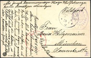 Ufrankert postkort, stemplet "Kais. Deutsche Marine Schifdpost" samt det norske sensurstempelet "Kontrollert I1" og sendt fra Hjelpekrysseren Berlin i Trondhjem til Muchen. Røst stempel i bedre del.