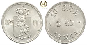 10 øre/ 3 sk. 1874 Oscar II. Kv.0