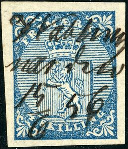 1. 4 skilling våpen 1855. anert med håndskrevet stedsnavn "Wablungsnæs den 15/6 56" (MR). Tre meget gode marger, normal nede. Attest Enger.