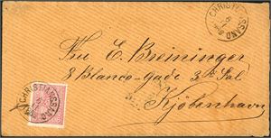 15 b. 8 skill 8 på konvolutt til Kjøbenhavn, stemplet "Christianssand 6.11.1868". "Christiania Omk" og ankomststempel på baksiden.
