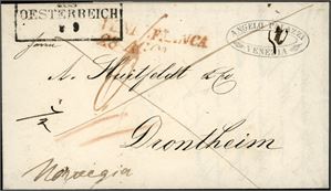Komplett ufrankert brev, fra Venizia til Trondhjem i 1847. Forsiden stemplet "Venice Florenca 28. AGO" i rødt samt "Aus Oesterreich". Baksiden med stemplene "Berlin 3. Sept" og Stralsund 4.9".