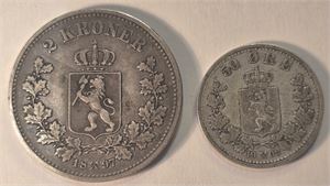 2 kroner 1997 og 50 øre 1902. 1