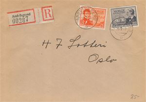 Rek. brev, ANDVIKGREND (HO/4 pkt) TA 26-7-47 på pent rek brev med NK 362 og 363.