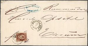 21. 7 skilling Posthorn på komplett rekommandert brev, stemplet "Christiania 25.3.1874" og sendt til Elverum. Omslaget med en liten rift, midt på, i øvre kant.