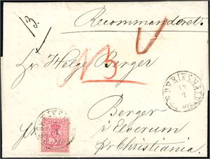15. 8 skill 8 på komplett dobbeltvektig brev, stemplet "Frederikshald 17.7.1869" og sendt rekommandert til Elverum. Transittstemplet "Christiania 18.7.1869" på baksiden. Merket med en liten horisontal bøy nede.