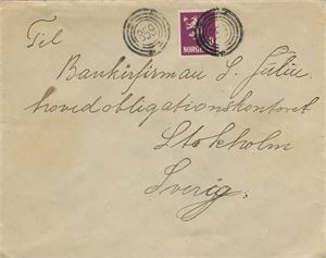 IV-859 - STAVENES STASJON (HO / 5) på brev til Stockholm frankert med 20 øre løve I, bak st. Stockholm ANK.AVD. -8.5.23