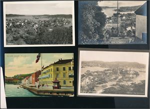 ARENDAL 4 ubrukte småformat. Et er opplimt på svart kartong, et er amerikansk. Medfølger 20 forskjellige storformat fra Arendal og omegn