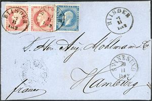4,5. 20 skillings porto til Tyskland. 4 skilling- og et horisontalt par 8 skilling Oscar på brevomslag til Hamburg, stemplet "Riisøer 27.11.1862". Ved siden stemplet "Svinesund 30.11.1862". "KDOPA Hamburg 4.12" på baksiden.