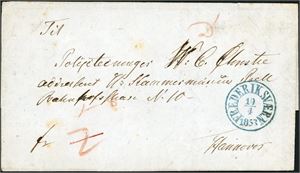 Komplett brev stemplet "Frederiksværn 19.4.1853"i blått og sendt til Hannover, Tyskland. To tyske stempler på baksiden.