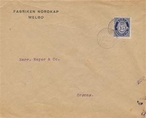 IV 805 type 2 - M/B "FREMSKRIDT" (Aune: grad 7), litt svake avtrykk på brev til Grønnø. Brev med logo fra Fabriken Nordkap, Melbo.