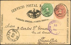 Mexico. A 2 c stationary-card oppfranked with one 1c, cancelled "Mexico city", and sent via DWI to The Dominican republic. "St. Thomas 28.10.1889" cds and arrival postmark at side.