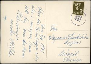 245. 15 øre Løve på postkort, annullert med oblatstempel "339" (Meråkerbanen). Kortet er datert i "7/6 1951".