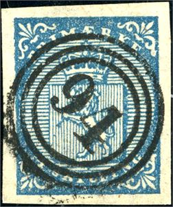 1. 4 skilling Våpen 1855, pent annullert med 3-rings "94" (Grue). Gode marger.