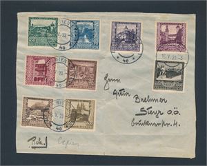 ØSTERRIKE Brevforside med Mi 433-41, 1923 bybilder. Iflg katalogen er utgivelsesdatoen 22. mai, dette er stemplet 13. mai i Wien. Selges as-is (merkeverdi € 100)