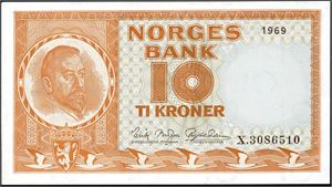 10 kroner 1969, serie X.3086510. Erstatningsseddel. 0