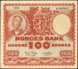 100 kr 1955, serie D.7665611. 1-