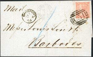 Z 10/95. DWI. 4d orange (pl 7) on cover to Barbados, cancelled "C 51". Forwarded by "Lamb & Co, St. Thomas" and arrival postmark "Barbados1 Oc 5 65" at side. "St. Thomas Oc 2 1865" at reverse. A vertical crease do not affect the stamp.