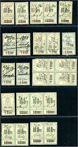 Stempelmerker. 80 øre på 1 Krone. 12 stk med små tall og 10 med store tall. Bl.a. 2 stk med tidlige annulleringer og en 4-blokk (med rundt hjørne) med små tall.