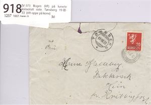 IV-373 Bogen (VF) på lurvete konvolutt siste. Tønsberg 19-III-33  (rift oppe på konv)