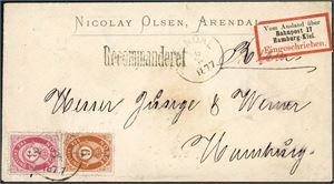 18,20. 9 skillings porto til Tyskland. 3 skilling- og 6 skilling Posthorn på rekommandert konvolutt til Hamburg, stemplet "Arendal 26.6.1877". Ankomststemplet på baksiden.
