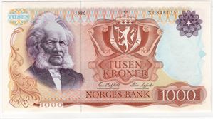 1000 kroner 1980 X.0848135 erstatningsseddel. Kv.01