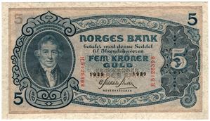 5 kroner 1939 R.5126398. Kv.01