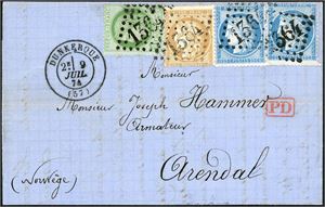 53,59,60A. France. 70 centimes postage to Norway. 5 c, 15 c an two 25 c on complete letter to Arendal, cancelled "1364" with dots, and "Dunkerque 9 juil 74" at side. Cert. Ceres Philatélie.