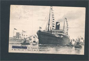 USA-POSTKORT Dr. Frederick Cooks ankomst til New York med S/S Oscar II den 21. september 1909. Sendt til Kristiansand