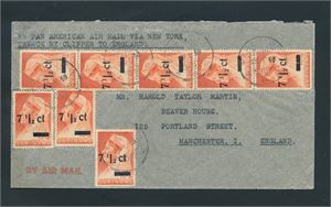 SURINAM Flott brev sendt "By Pan American Air Mail via New York, then by clipper  til England"