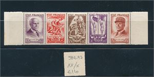 FRANKRIKE xx/x Mi 589-93, 1943 5-stripe. Midterste merke med hengselmerke (€ 110 for xx)