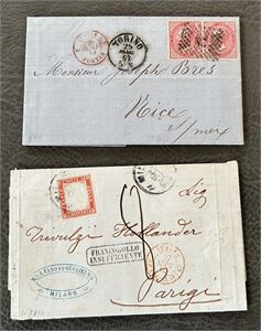 ITALIA-BREV 2 brev 1862 og 1867, et til Paris utilstrekkelig frankert. Ankomststemplet