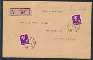 Nk 249 x2 på flott bancobrev stemplet "KVALSUND 5-5-48" (FI). 2 flotte lakksegl fra Kvalsund postkontor bak