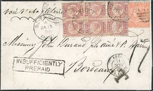 49,95. 7d postage to France. Six 1/2d (pl 10) and 4d orange (pl 14) on a complete letter to Bordeaux, cancelled "St-Thomas Paid A Ja 15 76". "Insufficiently Prepaid" in box and French postmark from "Calais" and a French postagemark "17" (decimes) at side. Arrival postmark at reverse. A vertical crease goes through the two right 1/2d and the 4d with few short perfs, but still a nice looking letter.