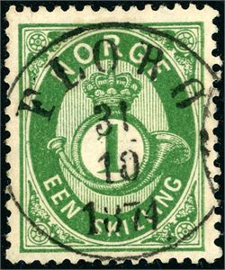 16 Ia. 1 skilling Posthorn, rettvendt fullstemplet "Florø 31.10.1874".