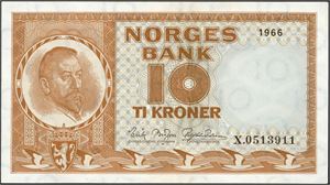 10 kroner 1966, serie X.0513911. Erstatningsseddel. 0/01