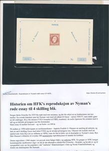 Nymans røde essay (numerert eksemplar) til Nk 4. Vedlagt artikkel fra Horten Filatelistklubb vedrørende nytrykket
