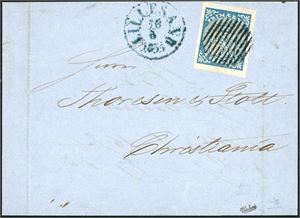 1. 4 skilling våpen 1855 på brevomslag, anert med riststempel og ved siden stemplet "Lillesand 16.6.1855". Merket med gode- til normale marger.