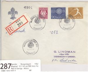 Speider Norgeslägret 1962 Bogstad  12-7-62 på REK brev fra Røa til Sverige.  Ank.st.