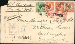 24,28. DWI. 125 BIT postage to England. 5 BIT an three 40 BIT on registered envelope to Southampton, cancelled "Christiansted 9.11.1906". Two "New York" postmark and "Southampton 26 No 06" at reverse. The envelope with fault in upper, left corner.