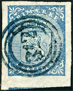 1. 4 skilling våpen 1855, anert med nummerstempel "312" (Tromsø, TR) i blått. Tre gode marger hvorav nabomerket kan sees nede, normal marg oppe.