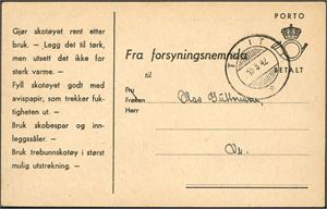 Svarkort fra Forsyningsnemda, stemplet med Hjelpestempel "Tveit 15.8.42" (VA)