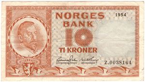 10 kroner 1954 Z.0038164 erstatningsseddel. Kv.1