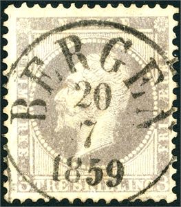 3. 3 skilling Oscar, rettvendt stemplet "Bergen 20.7.1859".