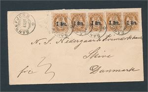 Nk 48 I x5 på brev stemplet "SANDEFJORD 4 XI 91" til Skive, Danmark. Ankomst- og jernbanestempel bak