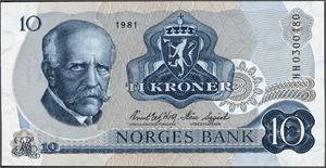 10 kroner 1981, serie HH 0300480. Erstatningsseddel. 0 *