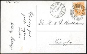 98. 3 øre Posthorn på postkort, anert med 4-rings "751" (Flaabygd, Lunde, TE), og ved sidenstemplet "Bandaks Postexp. 23 12 12