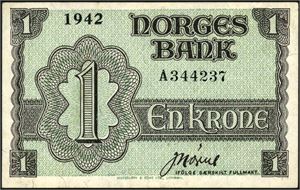 1 krone London 1942, serie A 344237. 1+/01
