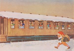 Postkort jernbane "God Julereise med Norges Statsbaner Julen 1934". Lot med 3 stk A6 kort tegnet av B.F. Baastad. 2 av kortene er brukt, men dessverre skamklippet