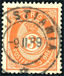 51 IIb. 3 øre 20 mm på papir fra Bentse, stemplet "Christiania 9.2.89".